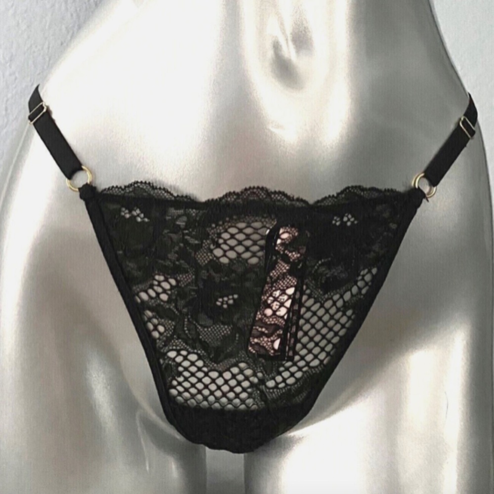 Victorias Secret Nwt Sexy Black Floral Lace Fishnet V String Panty